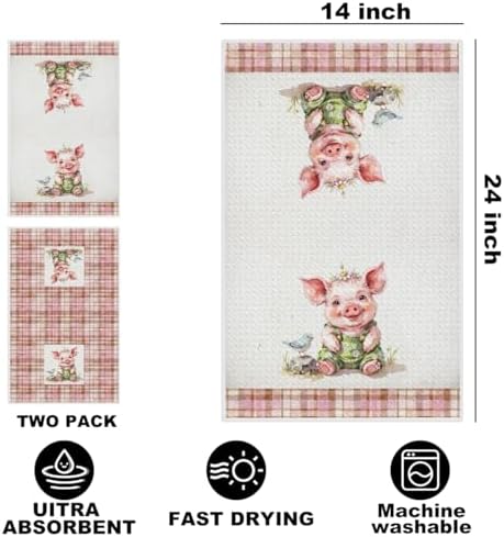Jztco 2 Pcs Cute Pig Kitchen Towels, Plaid Pink Soft Absorbent Hand Towels - Image 2