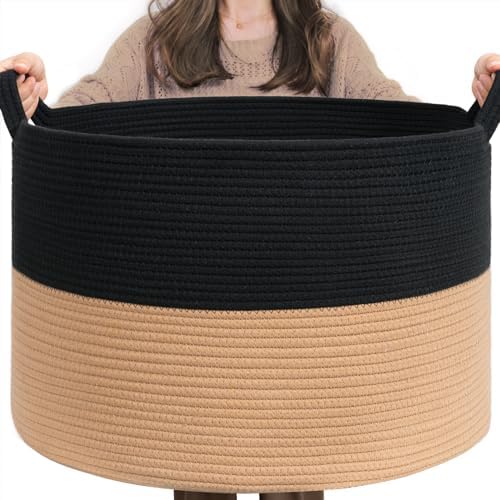 INDRESSME XXXLarge Woven Rope Blanket Basket Living Room Black Camel by INDRESSME