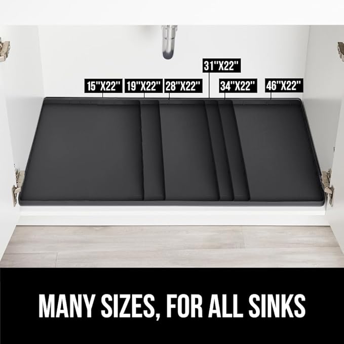 GORILLA GRIP Waterproof Silicone Under Sink Mat with Raised Lip for Kitchen and Bathroom, 28 x 22 in, Cabinet Shelf Liner Stay in Place Mats Dishwasher Safe Drawer Liner, Organizer Tray, Black