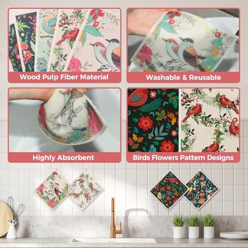 wlich 10 Pack Swedish Dishcloths, Reusable Kitchen Towels, Birds Flowers - Image 5