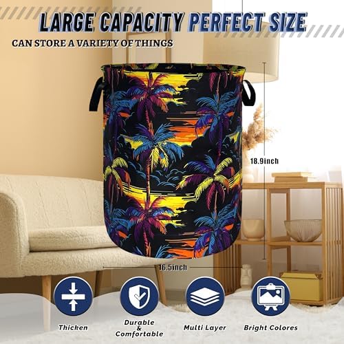 Palm Trees Laundry Basket Oxford Cloth Foldable Hamper 18.9x16.5 Inch - Image 3