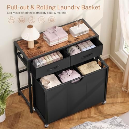 Laundry Sorter 3 Section with Tabletop & 2 Drawers, Rolling Laundry Hamper with - Image 5