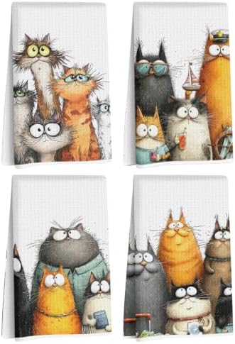 4 Pcs Cute Cat Kitchen Towels, Funny Cats Gifts Absorbent Hand Towels-04 by Jztco