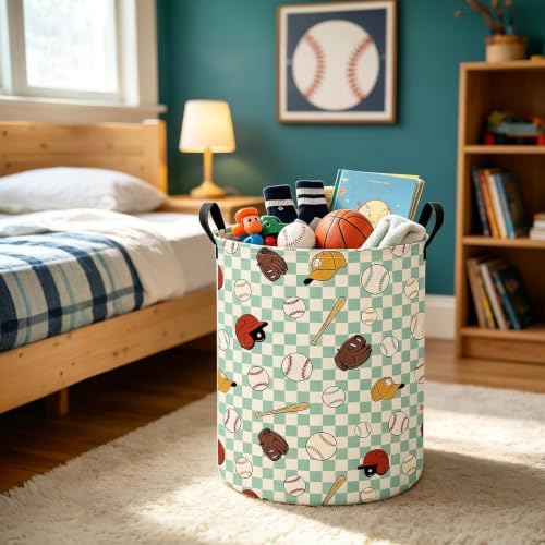 Round Laundry Basket Collapsible Storage Hamper Green Grid Baseball - Image 5