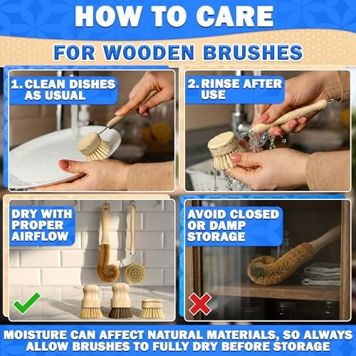5 Pcs Bamboo Dish Brush Set, Non-Scratch Bristles, Replacement Head - Image 2