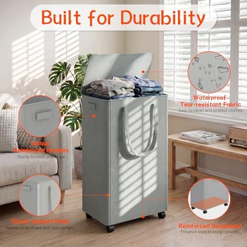 Slim Laundry Hamper with Wheels, 20 Gal Rolling Laundry Basket with lid and - Image 3