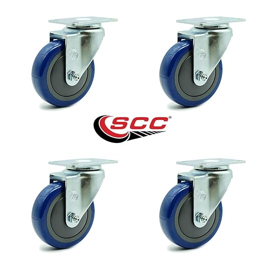 Service Caster Brand Replacement Set for Uline Casters - Swivel Top Plate Casters with 4 Inch Blue Polyurethane Wheels - Includes 4 Swivel Casters - Fits Vinyl Basket Truck 24 Bushel