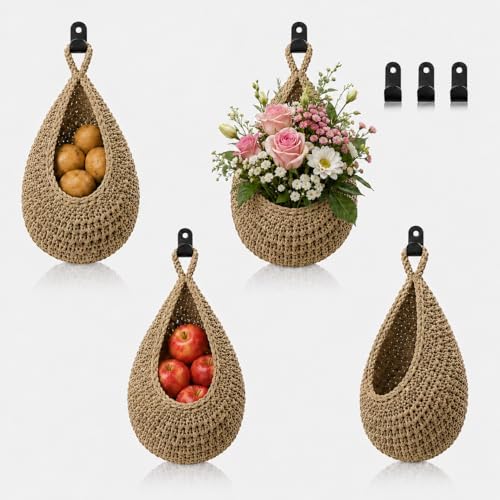 Hanging Fruit Baskets for Kitchen, 3 Pack Handwoven Wall Baskets by MKOSHUN
