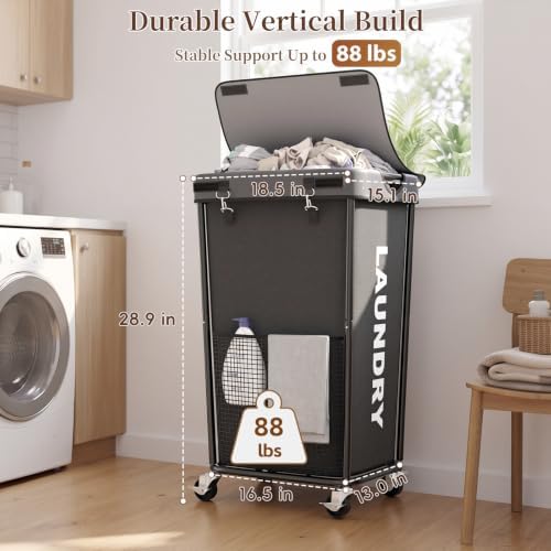 Laundry Hamper with Wheels and Lid, 110L Large Rolling Laundry Basket Gray - Image 5