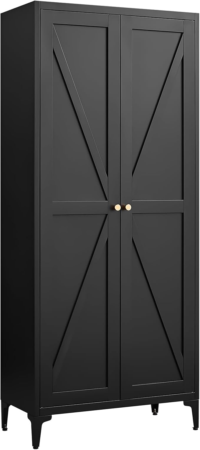 Tall Pantry Cabinet, 65" Kitchen Cupboard with Doors and Adjustable Shelves, Food Pantry Cabinets, Metal Hutch Cabinet with Storage for Kitchen, Living Room, Dining Room, Black