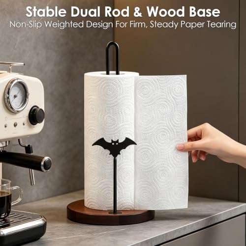 Wooden Paper Towel Holder Countertop, Gothic Iron Bat Decor Solid Wood Base - Image 7