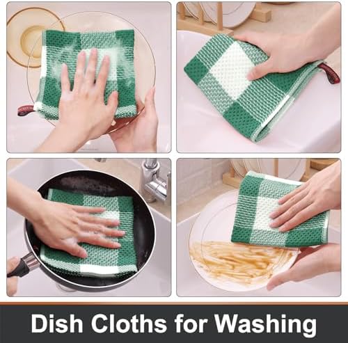 Mordimy Cotton Weave Dish Cloths, 6 Pack, Dark Green & White - Image 4
