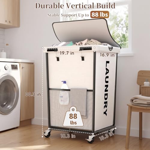 Laundry Hamper with Wheels and Lid, 150L Large Rolling Laundry Basket White - Image 5