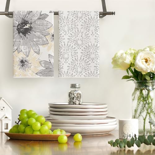 Artoid Mode Silver Floral Leaves Boho Kitchen Towels Dish Towels, 18x26 Inch - Image 2