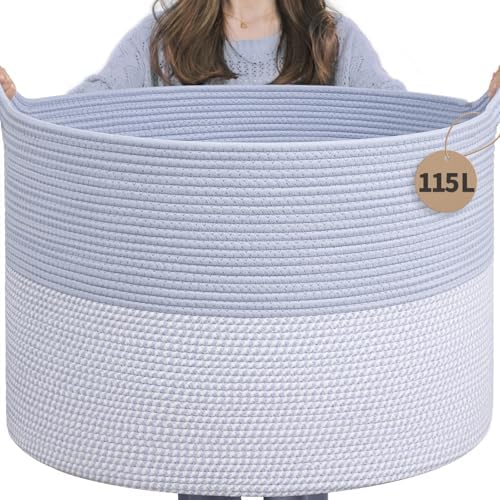 INDRESSME 115L Extra Large Woven Rope Blanket Basket Living Room Blue by INDRESSME