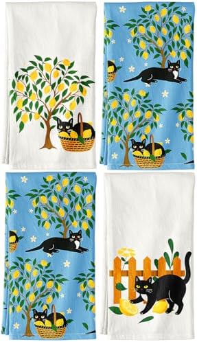 Miss Adola Flour Sack Kitchen Towels Set of 4, Lemon Grove Cat by MissAdola