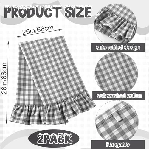 HunnmingRe 2 Pcs Gray Gingham Kitchen Towels Cotton Ruffled - Image 2