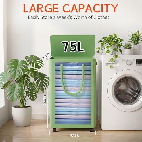 Slim Laundry Hamper with Wheels, 20 Gal Rolling Laundry Basket with lid and - Image 2