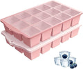 Silicone Ice Cube Tray, 2 Pack Easy-Release Stackable Ice Trays for Freezer with Lid 15 Reusable Cubes, Food Grade BPA Free Ice Molds for Whiskey, Baby Food, Coffee, Cocktail, Drinks (Pink)