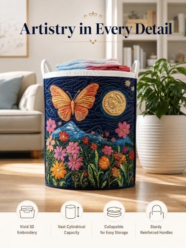 Quilted Laundry Basket with Handles, Boho Floral Quilted Storage Hamper - Image 2