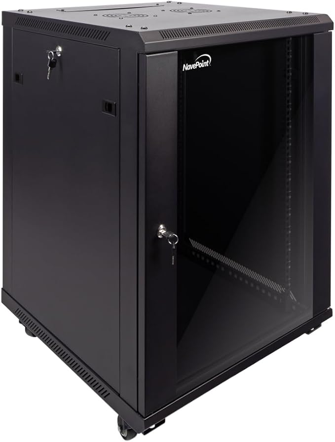 NavePoint 15U Server Cabinet Wall Mount Rack Enclosure with Caster Wheels, 2 Fans, Locking Glass Door, Removable Side Panels – 15U Network Cabinet 23.6” Deep, 19” Server Rack for IT Equipment