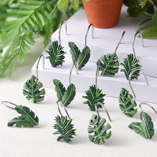 Amyhill 12 Pcs Tropical Leaf Decorative Shower Curtain Hooks Cute Green - Image 5