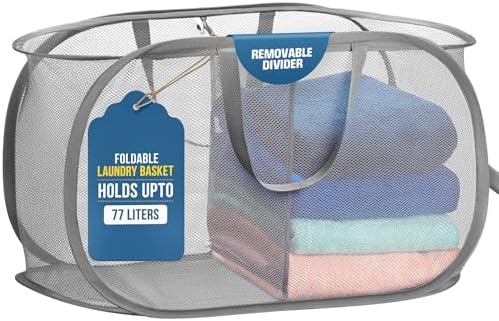 Handy Laundry Collapsible Laundry Basket, 2-Compartment Mesh Pop Up Hamper by Handy+Laundry