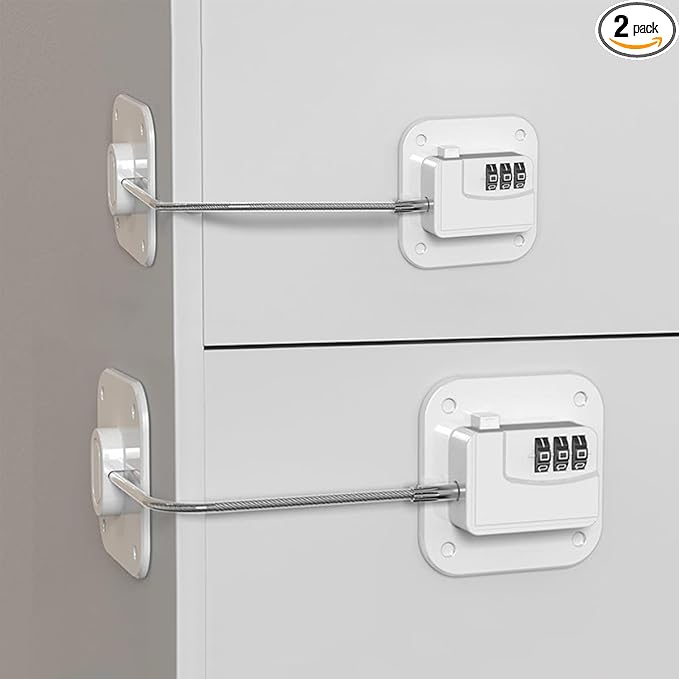 Refrigerator Lock (2 Pack), Heavy Duty Combination Fridge Lock, for Fridge, Cabinets, Window, Drawers and Child Safety Cabinet Lock, Strong Non-Marking Adhesive No Drilling (White)