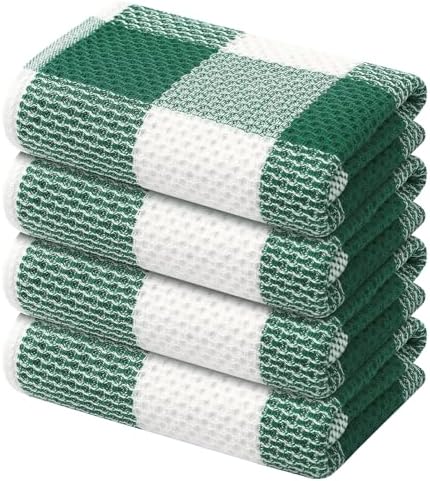 Mordimy Cotton Waffle Kitchen Towels, 4 Pack, Dark Green & White by Mordimy