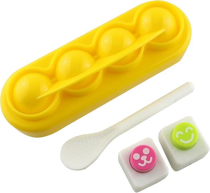 1Set with 4 Pcs Rice Ball Mould Shaker Ball Shape Sushi Maker Mould and 2 Smile Face Seaweed Punch Embossing Mould Kitchen Tools for Shake DIY Lunch with a Mini Rice Spoon