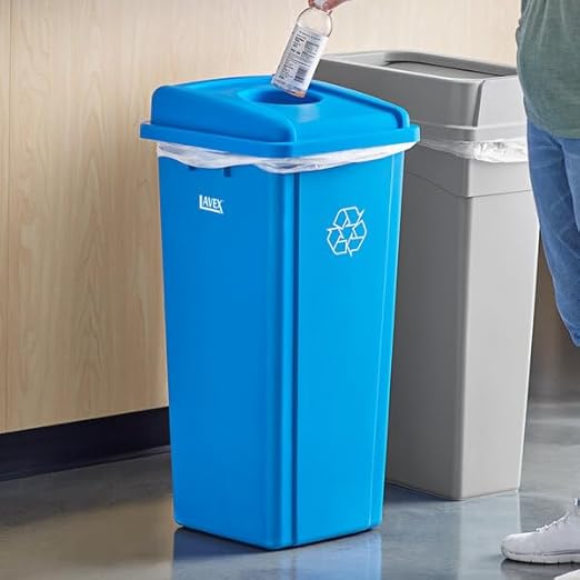 Square Recycling Bin with Bottle/Can Lid, 23 Gallon, Blue, 16W x 16D x 30H inches