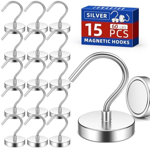15 Pack Magnetic Hooks Large Opening, 60LBS Neodymium Magnet Hooks by Junarter