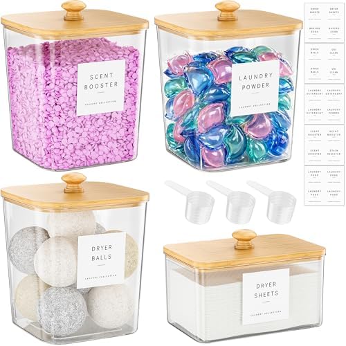 3+1 Pack Bamboo Laundry Pods Container, Large Laundry Detergent Powder Storage by MOFOROCO