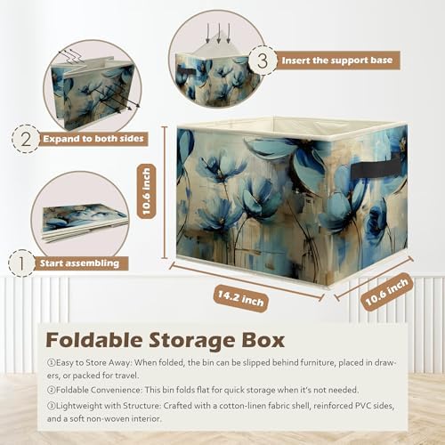 Abstract Blue Floral Storage Box Bins, Modern Impressionism Flower Botanical - Image 3