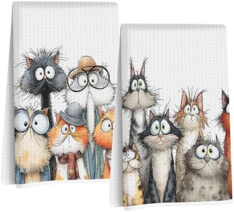 2 Pcs Cute Cat Kitchen Towels, Funny Cats Gifts Absorbent Hand Towels-03 by Jztco
