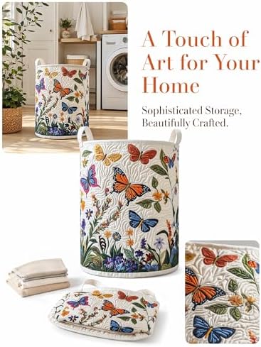 Quilted Laundry Basket with Handles, Boho Floral Quilted Storage Hamper - Image 4