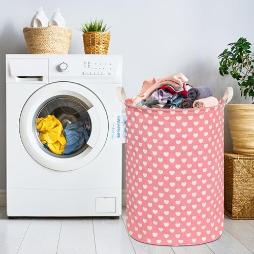 Round Laundry Basket Collapsible Storage Hamper Organizer Pink Heart - Image 7