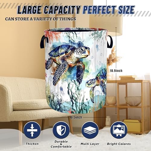 Ocean Sea Turtle Laundry Basket Oxford Cloth Foldable Hamper 18.9x16.5 Inch - Image 3