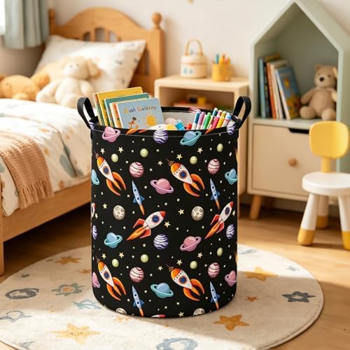 Round Laundry Basket Collapsible Storage Hamper Organizer Planet Rocket - Image 7