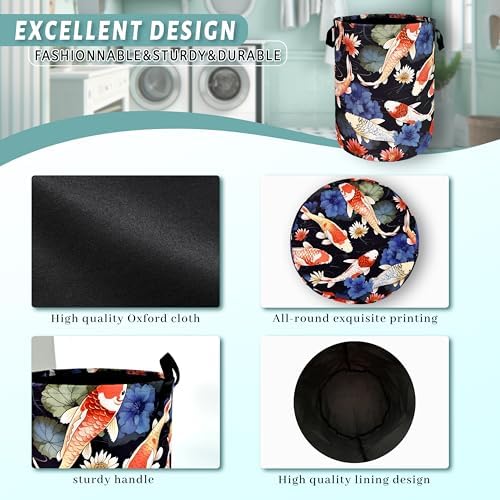 Koi Fish Pattern Laundry Basket Oxford Cloth Foldable Hamper 18.9x16.5 Inch - Image 4