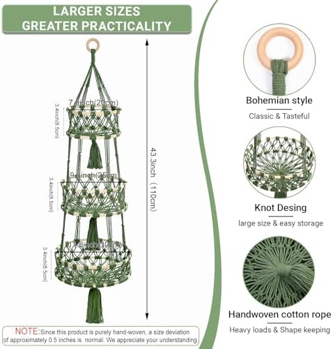 3 Tier Hanging Fruit Baskets for Kitchen, Macrame Plant Hanger Cotton Rope - Image 2