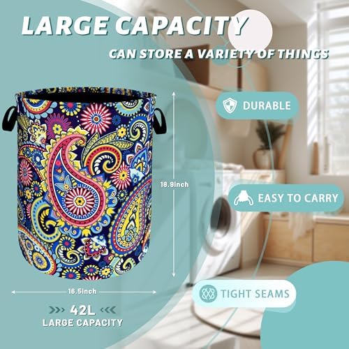 Mandala Paisley Laundry Basket Oxford Cloth Foldable Hamper 18.9x16.5 Inch - Image 2