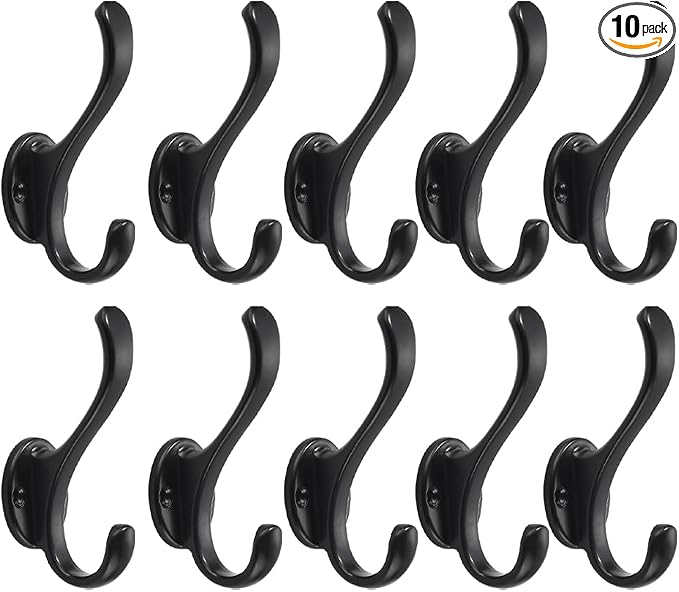 10 Pack Black Coat Hooks Wall Mount Heavy Duty Utility Retro Double Hooks by khtumeware