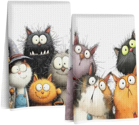 2 Pcs Cute Cat Kitchen Towels, Funny Cats Gifts Absorbent Hand Towels-06 by Jztco