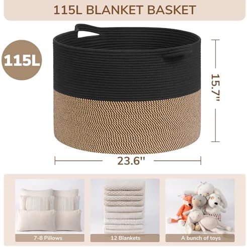 INDRESSME 115L Extra Large Woven Rope Blanket Basket Living Room, Mix Black - Image 2