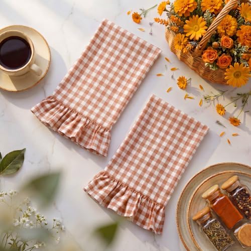 HunnmingRe 2 Pcs Orange Gingham Kitchen Towels Cotton Ruffled - Image 3