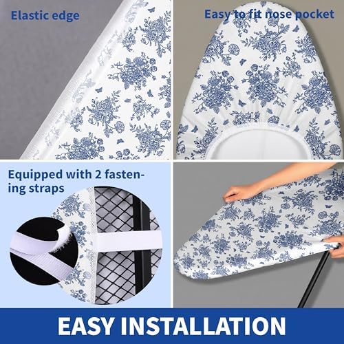 Ironing Board Cover and Pad, Thick Scorch Resistant Padding Blue Flowers Print - Image 3