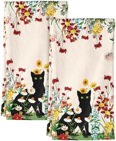 Miss Adola 150GSM Flour Sack Kitchen Towels Set of 2, Flower Cats by MissAdola