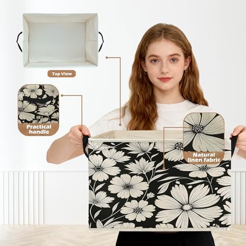 Black and White Floral Storage Box Bins, Vintage Botanical Daisy Flower - Image 2