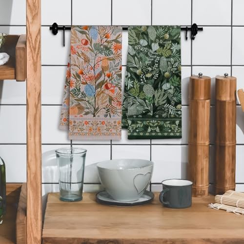 Boho Botanical Floral Kitchen Towels, Retro Art Nouveau Flower Dish Tea Towels - Image 2